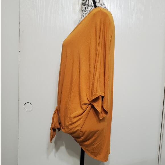 Zenana Short Sleeve Blouse Top Mustard Yellow Gold Tie Front Stretch Loose Large - Picture 3 of 10